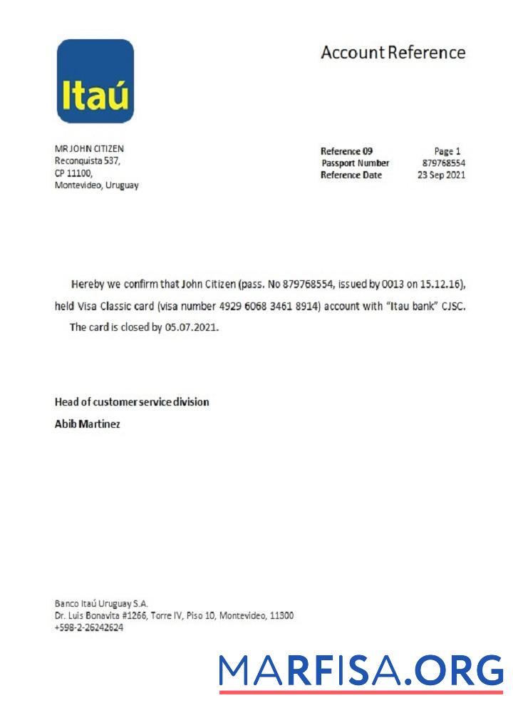 Downloadable Uruguay Itau bank closure reference example